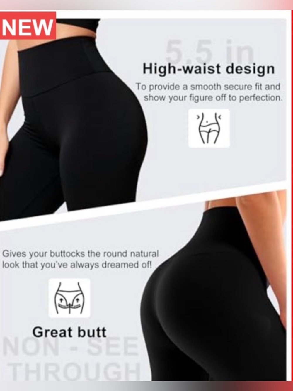 Essential Black High Waisted Non-See Through Stretch Leggings Tummy Control - Picture 6 of 7